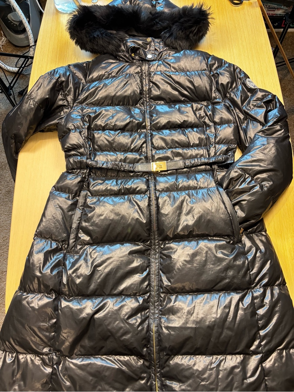 Tory Burch Glossy Black Long Belted Down Puffer Coat with Shearling Hood Trim 8